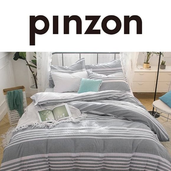 SEESUCKER DUVET COVER SET w/ 2 SHAMS - 100% COTTON (Stripes Grey/White -… - Picture 11 of 11